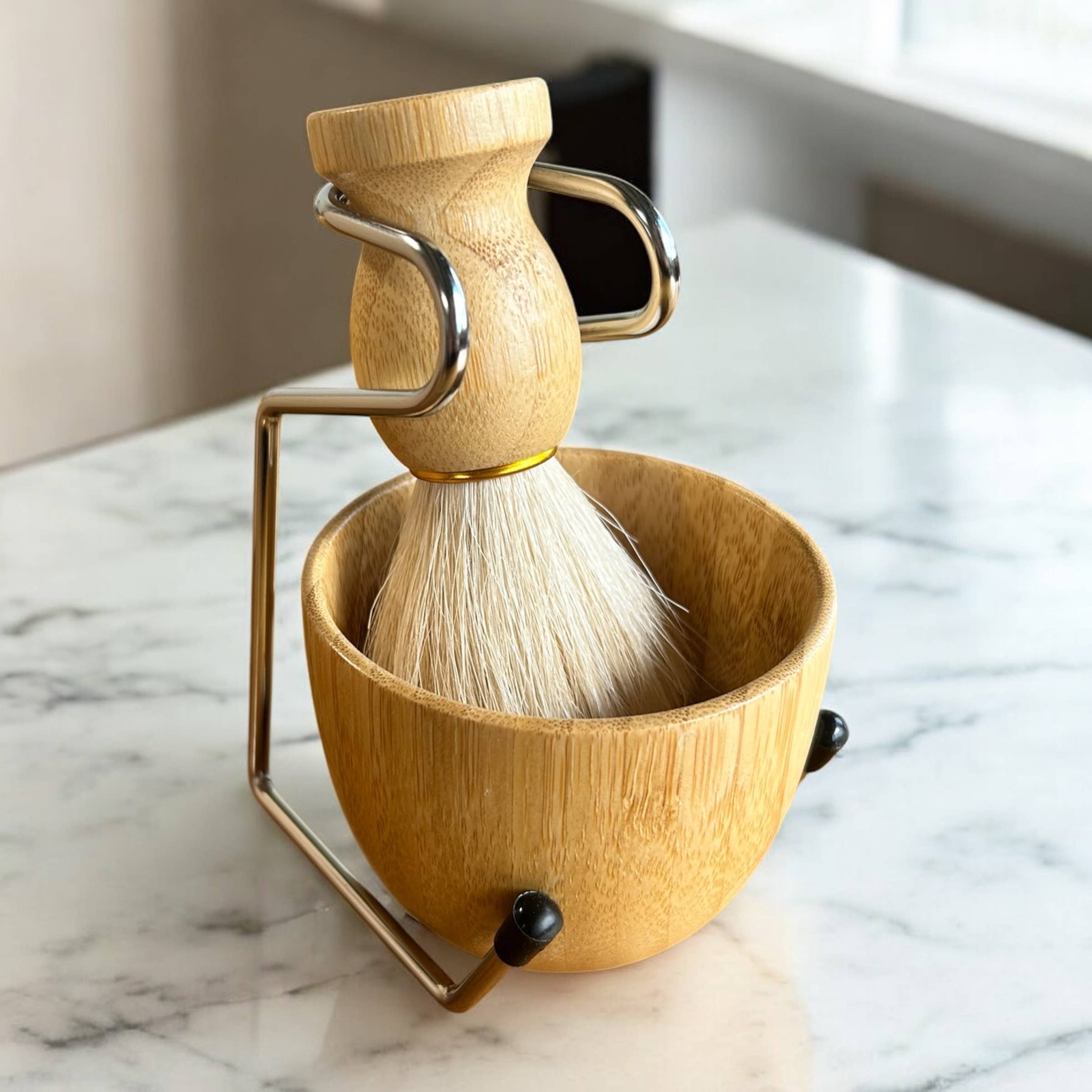 Natural Shaving Brush and Stand 3-in-1 Set