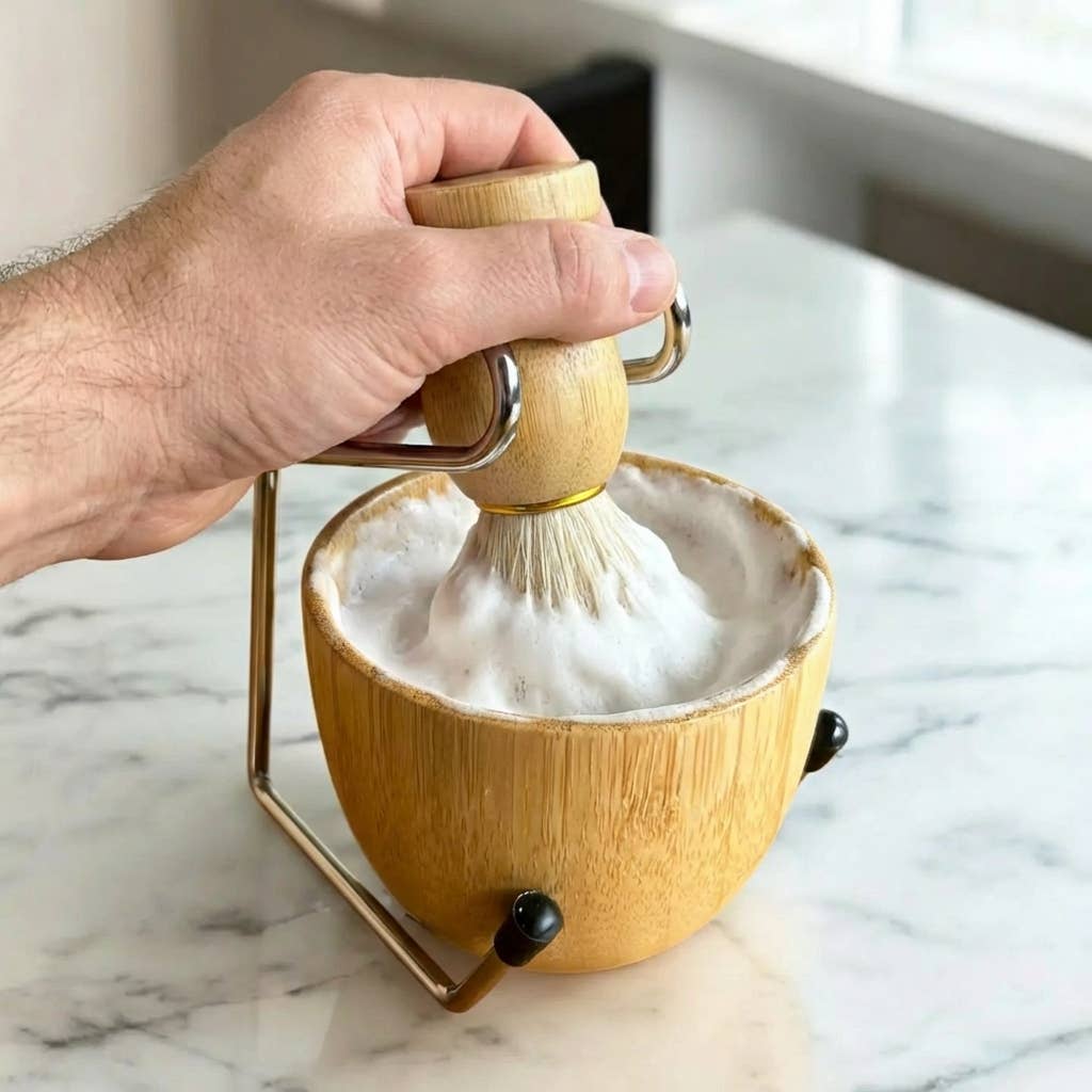 Natural Shaving Brush and Stand 3-in-1 Set