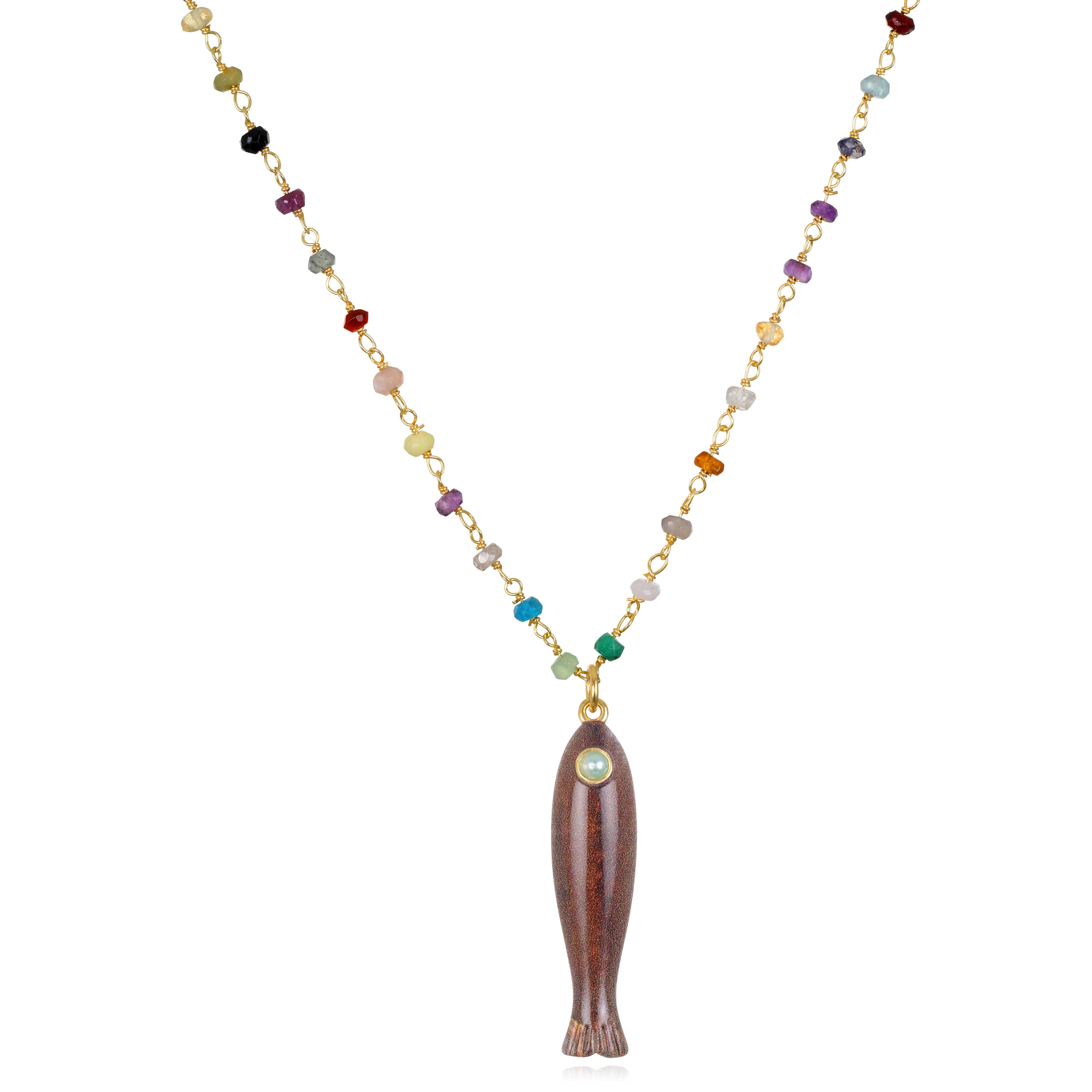 Rainbow Fish Charm Necklace – Colorful Gemstone Beaded Gold Necklace
