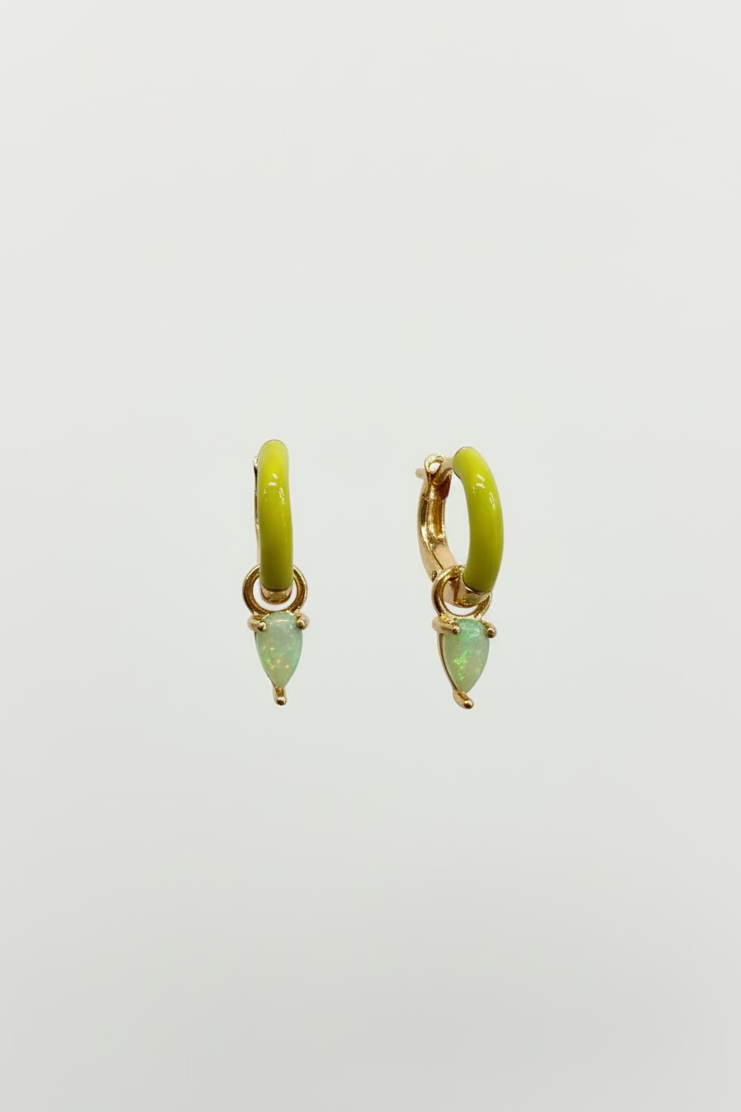enamel huggies with pear opal drop