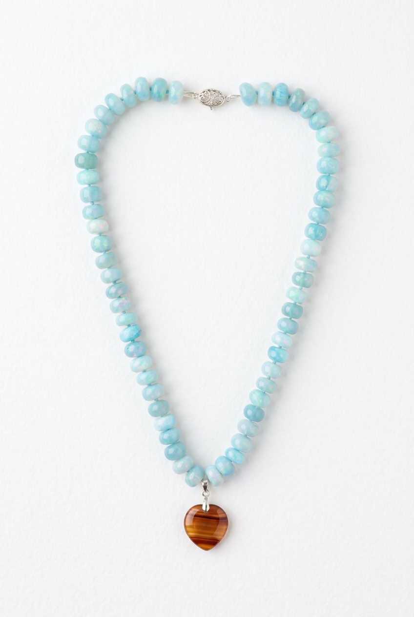 Blue Beaded Necklace with Tiger's Eye Heart