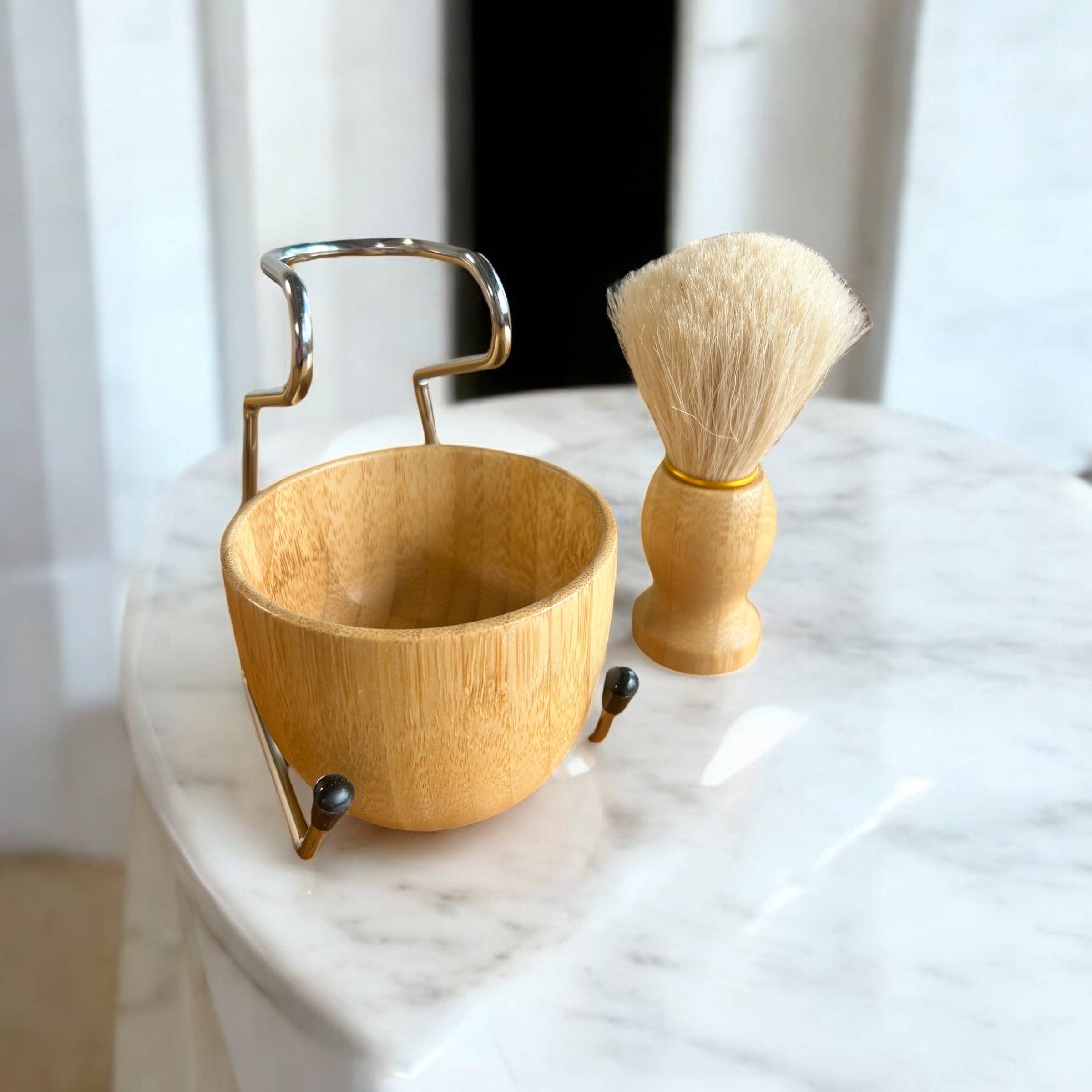 Natural Shaving Brush and Stand 3-in-1 Set